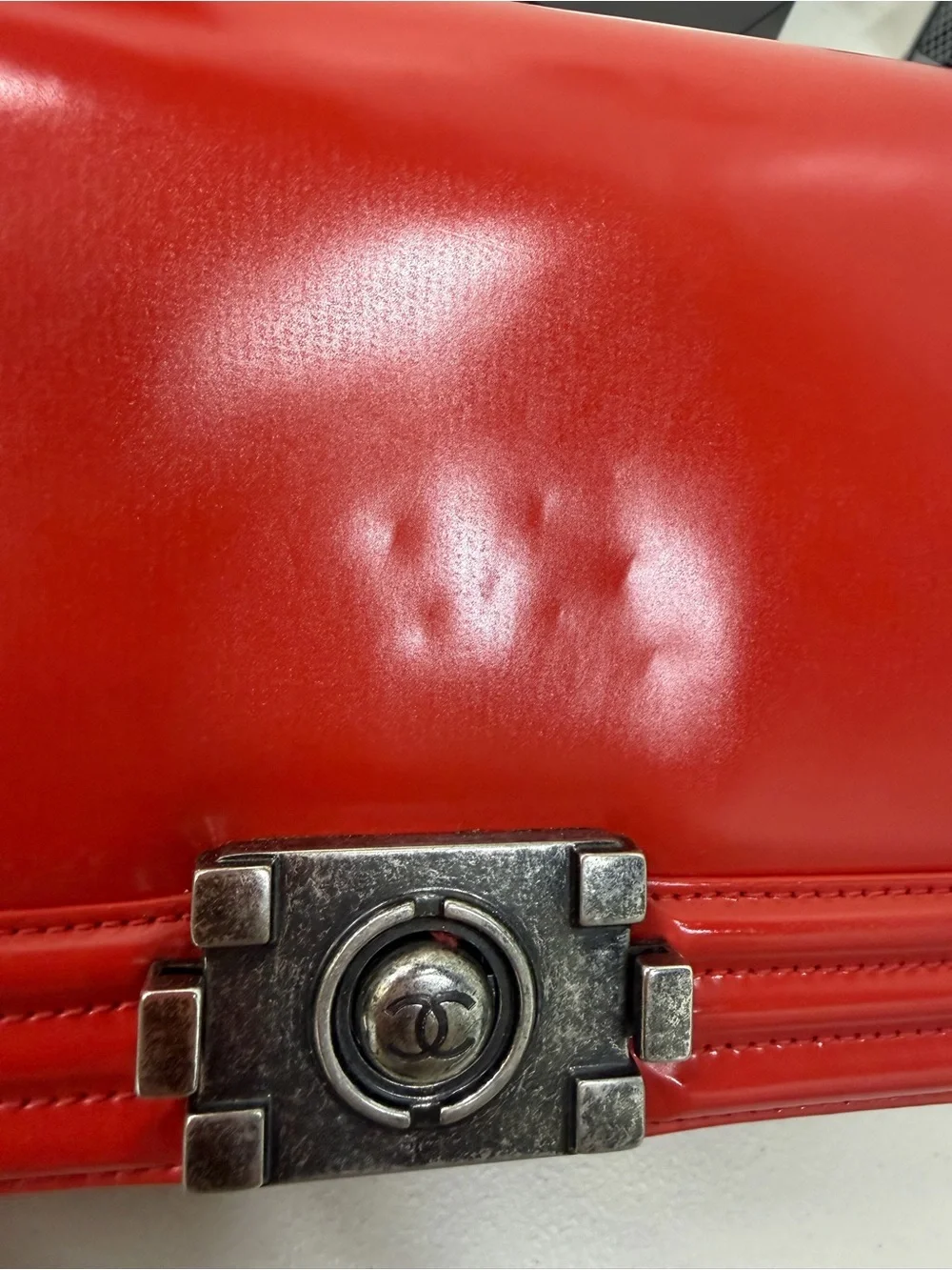 Authentic Chanel Medium Boy Red Glazed Calfskin Flap Bag